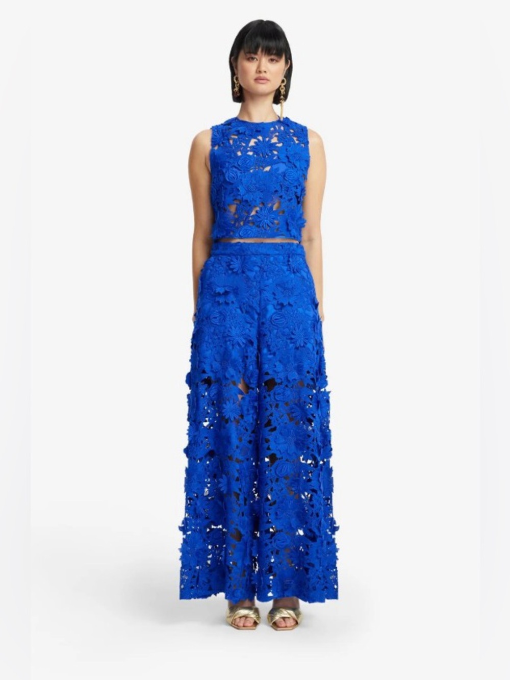 Leo Lin Candied Cobalt Blue 3D Floral Applique Lace Wide-Leg Pants AU8/US4